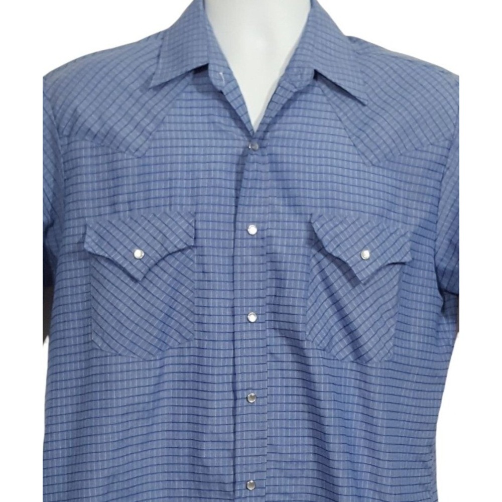 Plains Shirt Mens M Short Sleeve Pearl Snap Short Sleeve Blue Plaid Vintage